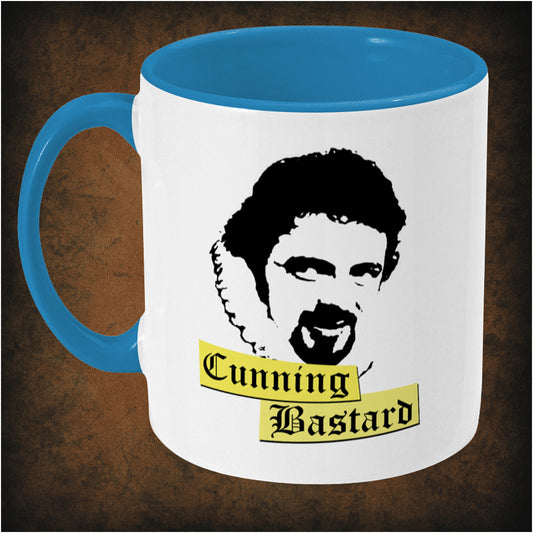 Cunning Bastard two-toned mug inspired by Blackadder, left hand side featuring iconic British comedy quote, witty design, and collectible TV show merchandise for fans of the classic sitcom.