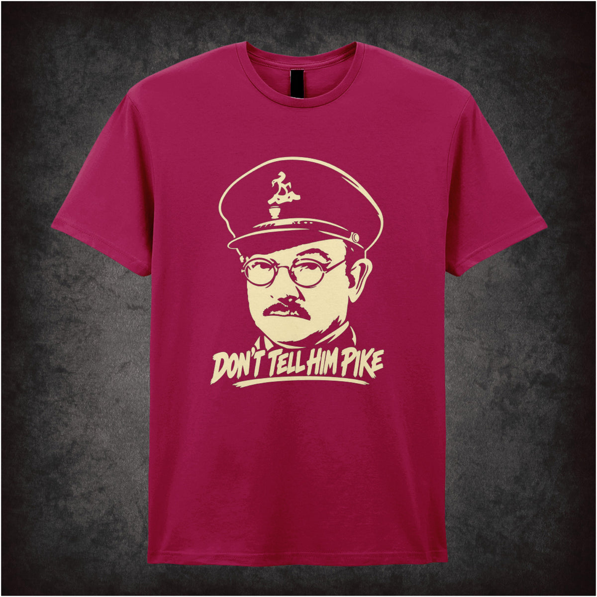 “Captain Mainwaring ‘Don’t tell him Pike’ T-shirt in cardinal red from Dad’s Army”