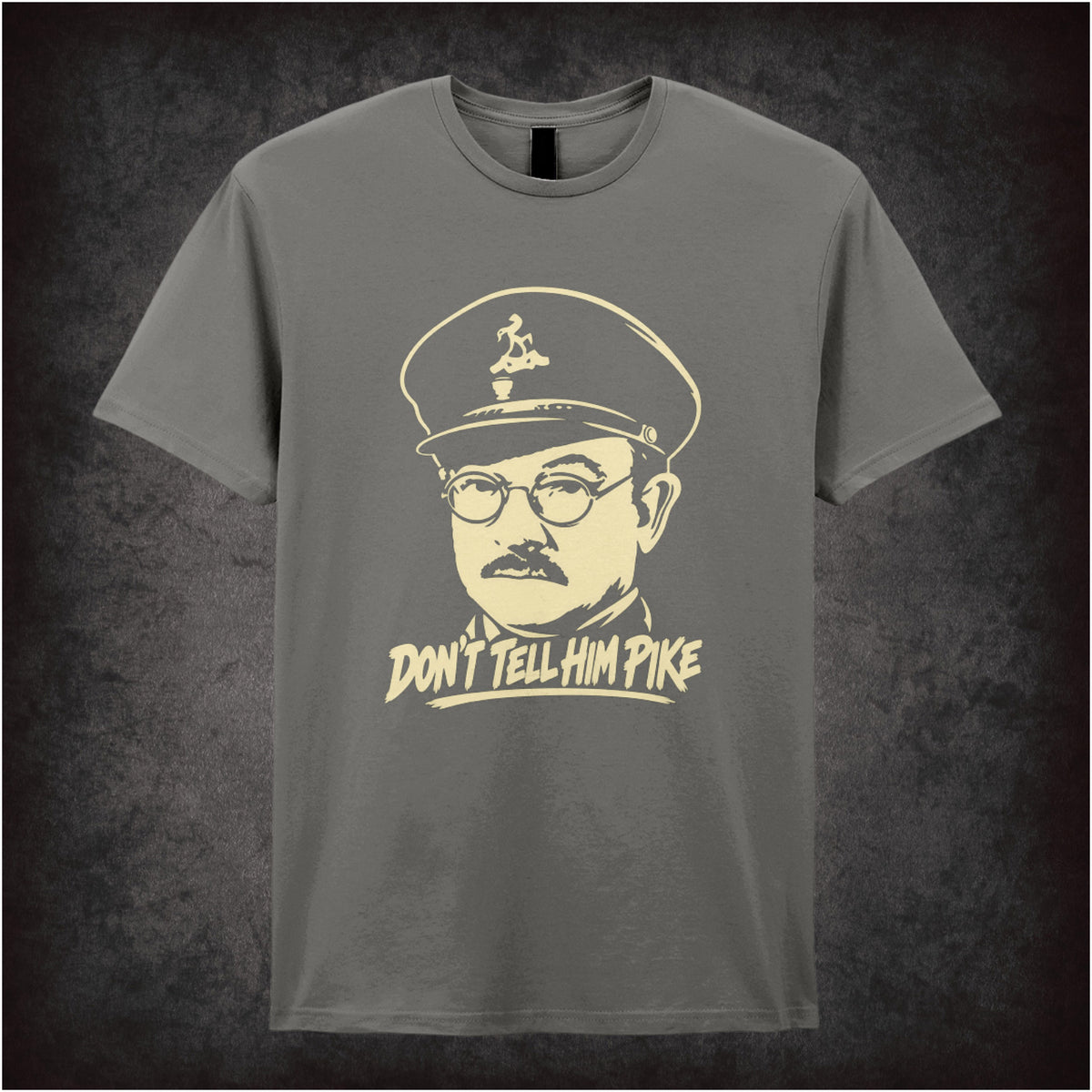 “Captain Mainwaring ‘Don’t tell him Pike’ T-shirt in charcoal from Dad’s Army”