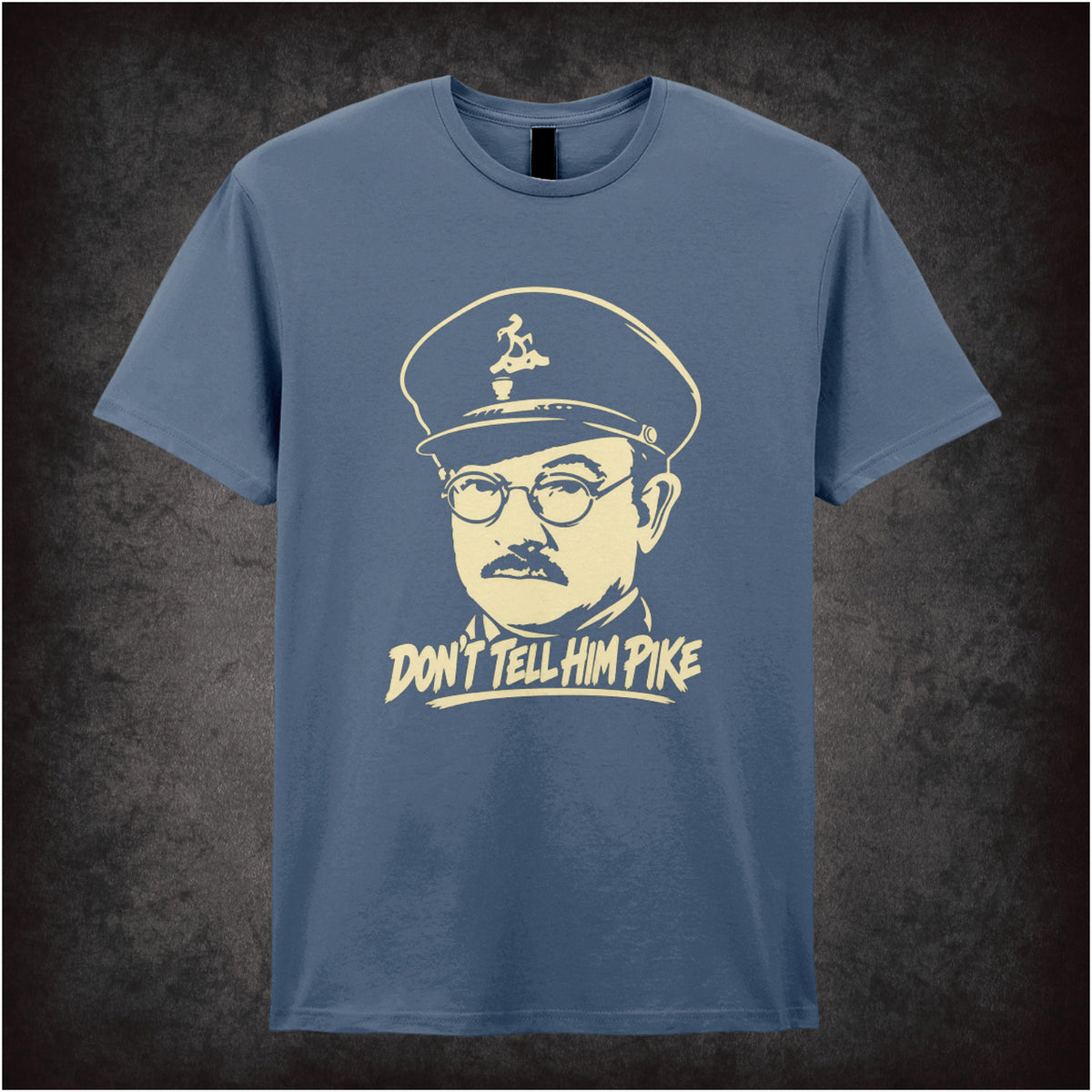 “Captain Mainwaring ‘Don’t tell him Pike’ T-shirt in indigo from Dad’s Army”
