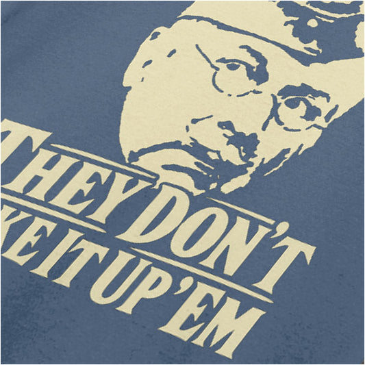 “Private Jones ‘They don’t like it up ’em’ close up T-shirt in indigo from Dad’s Army”
