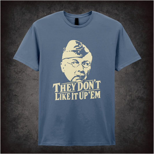 “Private Jones ‘They don’t like it up ’em’ T-shirt in indigo from Dad’s Army”