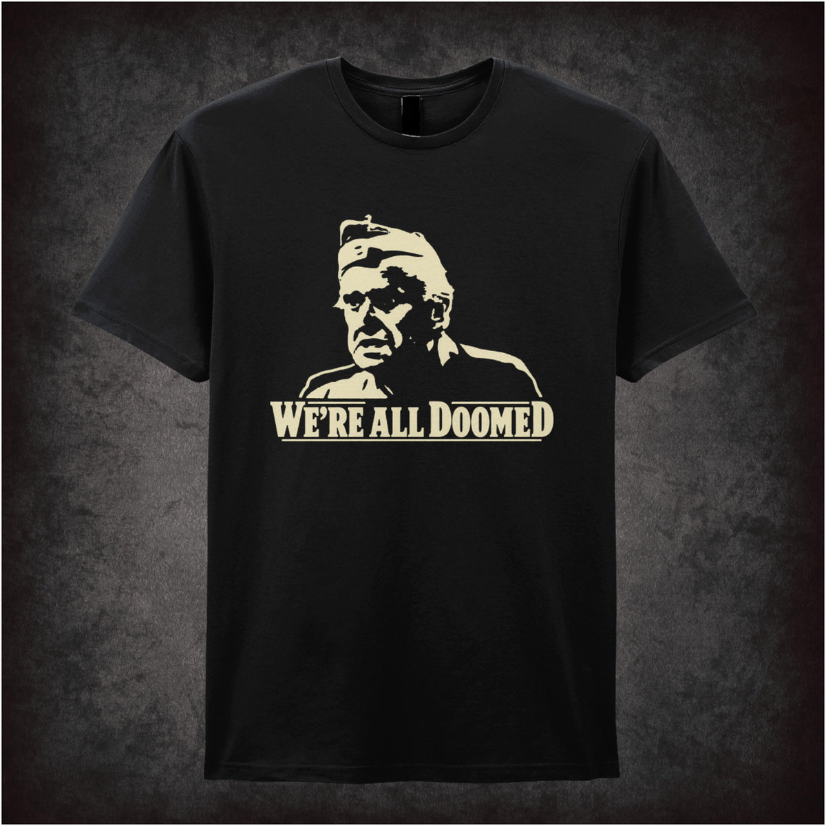“Private Frazer ‘We’re all doomed’ T-shirt in black from Dad’s Army”