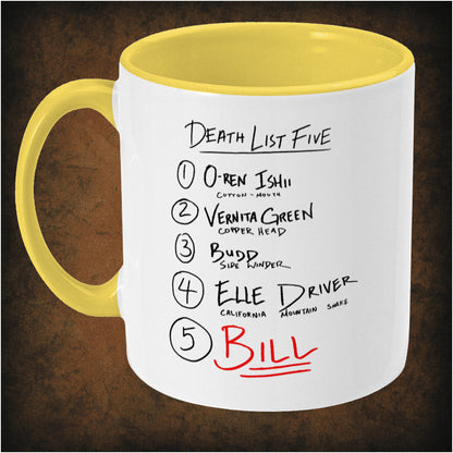 Death List Five two-toned mug inspired by Kill Bill, left hand side featuring iconic movie design, stylized typography, and collectible pop culture merchandise for action film fans.