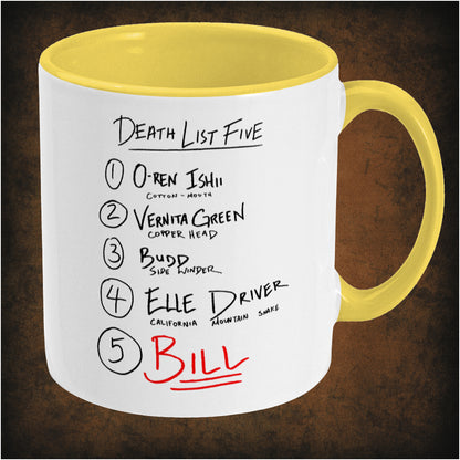 Death List Five two-toned mug inspired by Kill Bill, right hand side featuring iconic movie design, stylized typography, and collectible pop culture merchandise for action film fans.