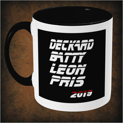 Deckard Batty Leon Pris 2019 two-toned mug inspired by Blade Runner, left hand side featuring minimalist sci-fi design, iconic character names, and collectible cyberpunk movie merchandise.