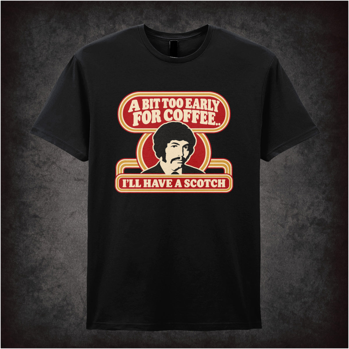 “Jason King ‘A bit too early for coffee… I’ll have a scotch’ T-shirt in black from Department S (Jason King)”
