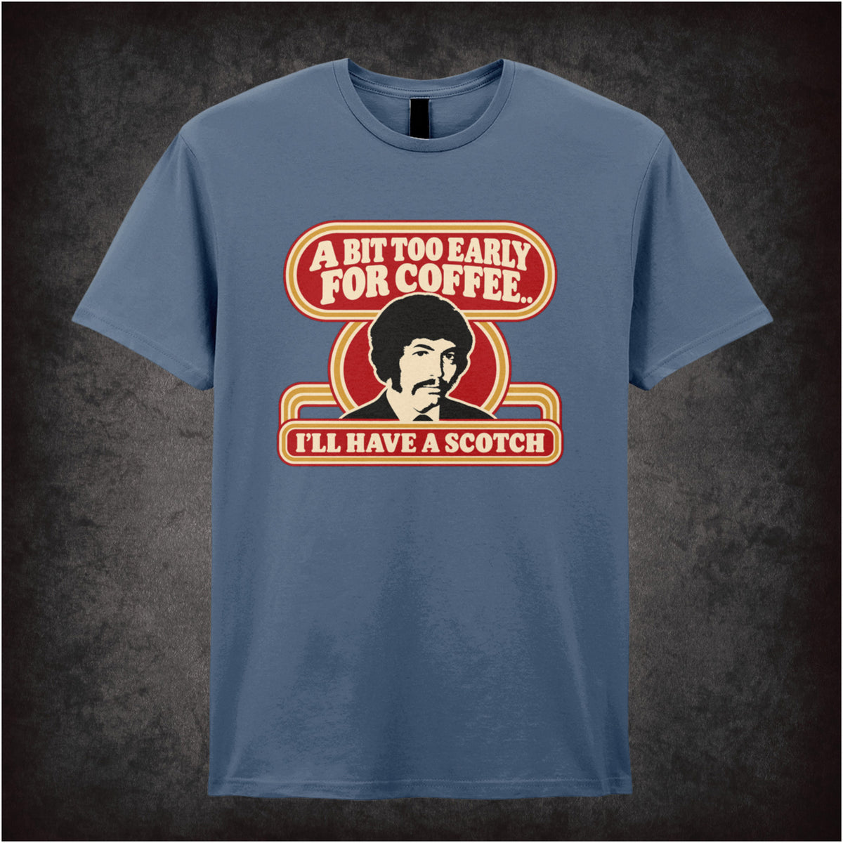 “Jason King ‘A bit too early for coffee… I’ll have a scotch’ T-shirt in indigo from Department S (Jason King)”