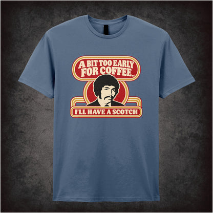 “Jason King ‘A bit too early for coffee… I’ll have a scotch’ T-shirt in indigo from Department S (Jason King)”