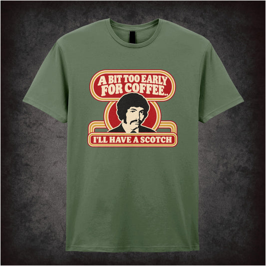 “Jason King ‘A bit too early for coffee… I’ll have a scotch’ T-shirt in military green from Department S (Jason King)”