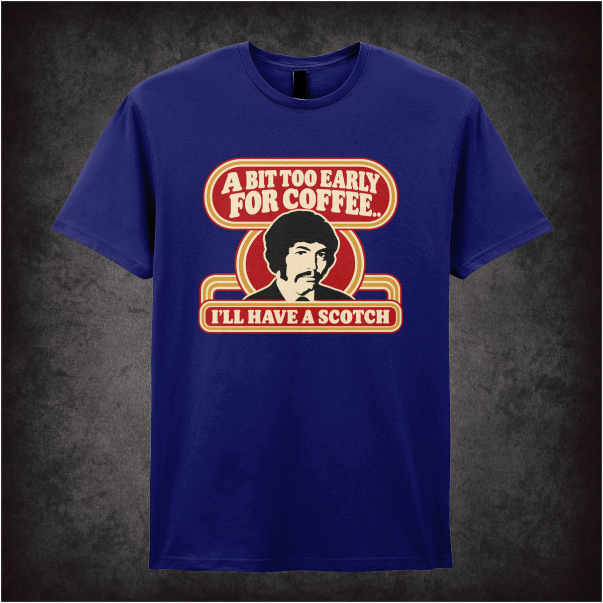 “Jason King ‘A bit too early for coffee… I’ll have a scotch’ T-shirt in navy from Department S (Jason King)”