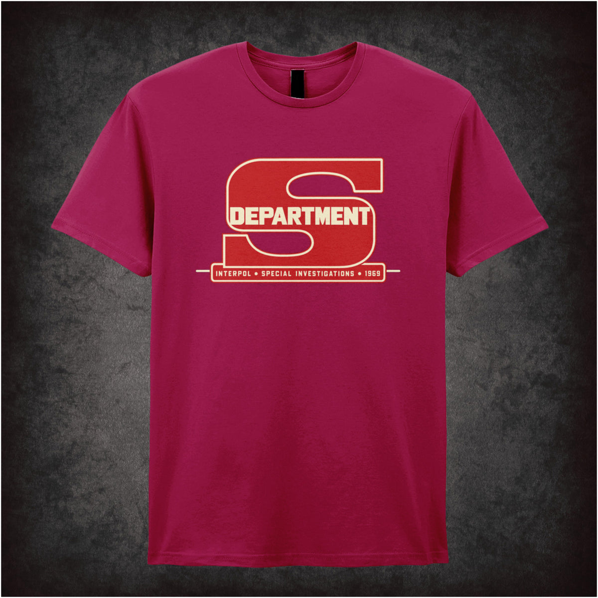 “‘Department S Interpol Special Investigations 1969’ T-shirt in cardinal red from Department S (Jason King)”