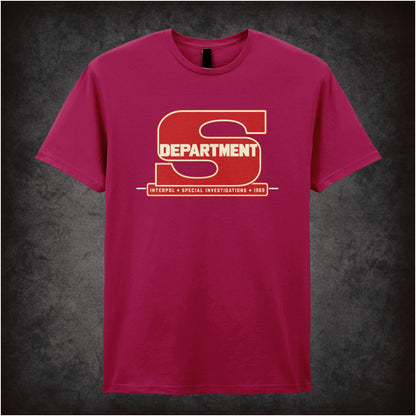 “‘Department S Interpol Special Investigations 1969’ T-shirt in cardinal red from Department S (Jason King)”