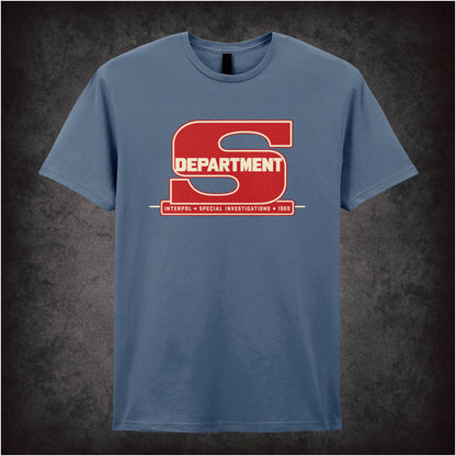 “‘Department S Interpol Special Investigations 1969’ T-shirt in indigo from Department S (Jason King)”