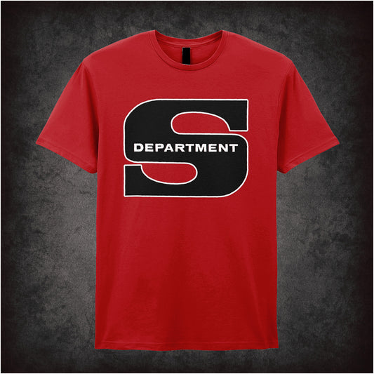 red soft style unisex T-shirt featuring a stylish design inspired by Jason King from Department S, with bold retro 70s flair and iconic typography.