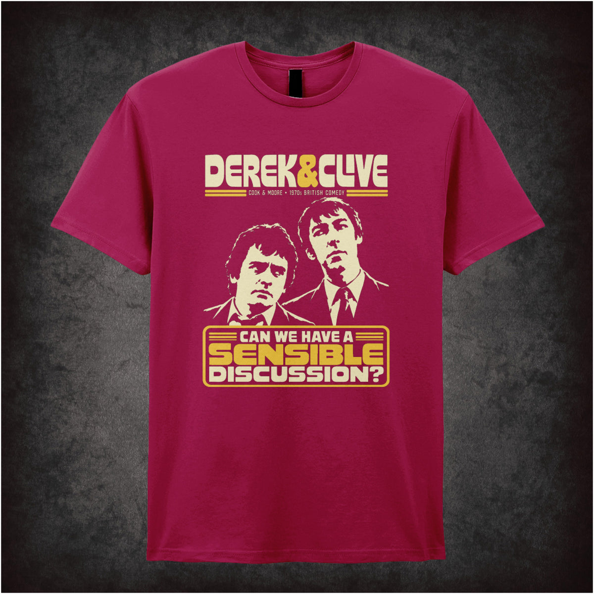 “Derek & Clive ‘Can we have a sensible discussion?’ T-shirt in cardinal red from Derek and Clive (Peter Cook & Dudley Moore)”