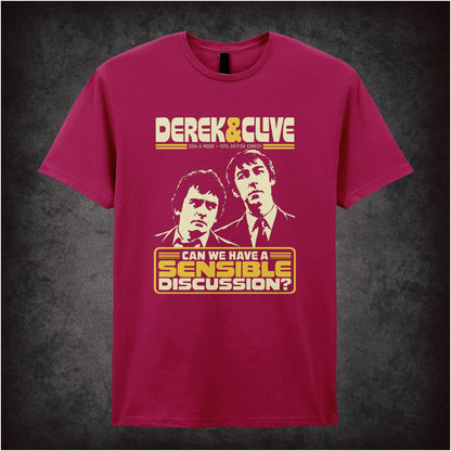 “Derek & Clive ‘Can we have a sensible discussion?’ T-shirt in cardinal red from Derek and Clive (Peter Cook & Dudley Moore)”
