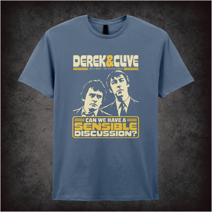 “Derek & Clive ‘Can we have a sensible discussion?’ T-shirt in indigo from Derek and Clive (Peter Cook & Dudley Moore)”