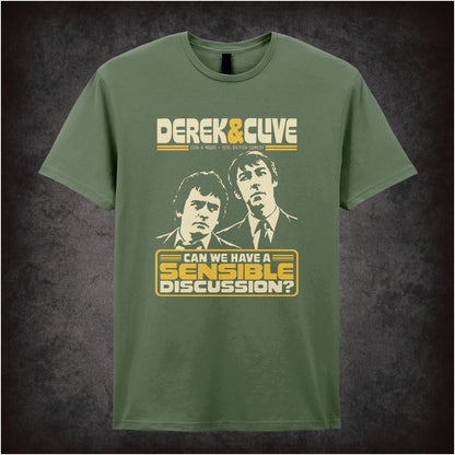 “Derek & Clive ‘Can we have a sensible discussion?’ T-shirt in military green from Derek and Clive (Peter Cook & Dudley Moore)”