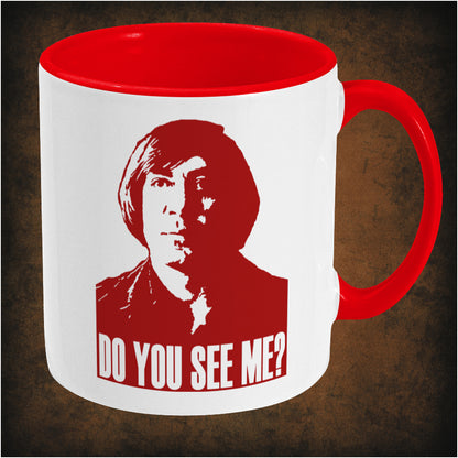 Two-tone ceramic mug featuring 'Do You See Me?' design inspired by No Country for Old Men, wrap-around print, right hand side dishwasher and microwave safe, perfect movie fan mug.