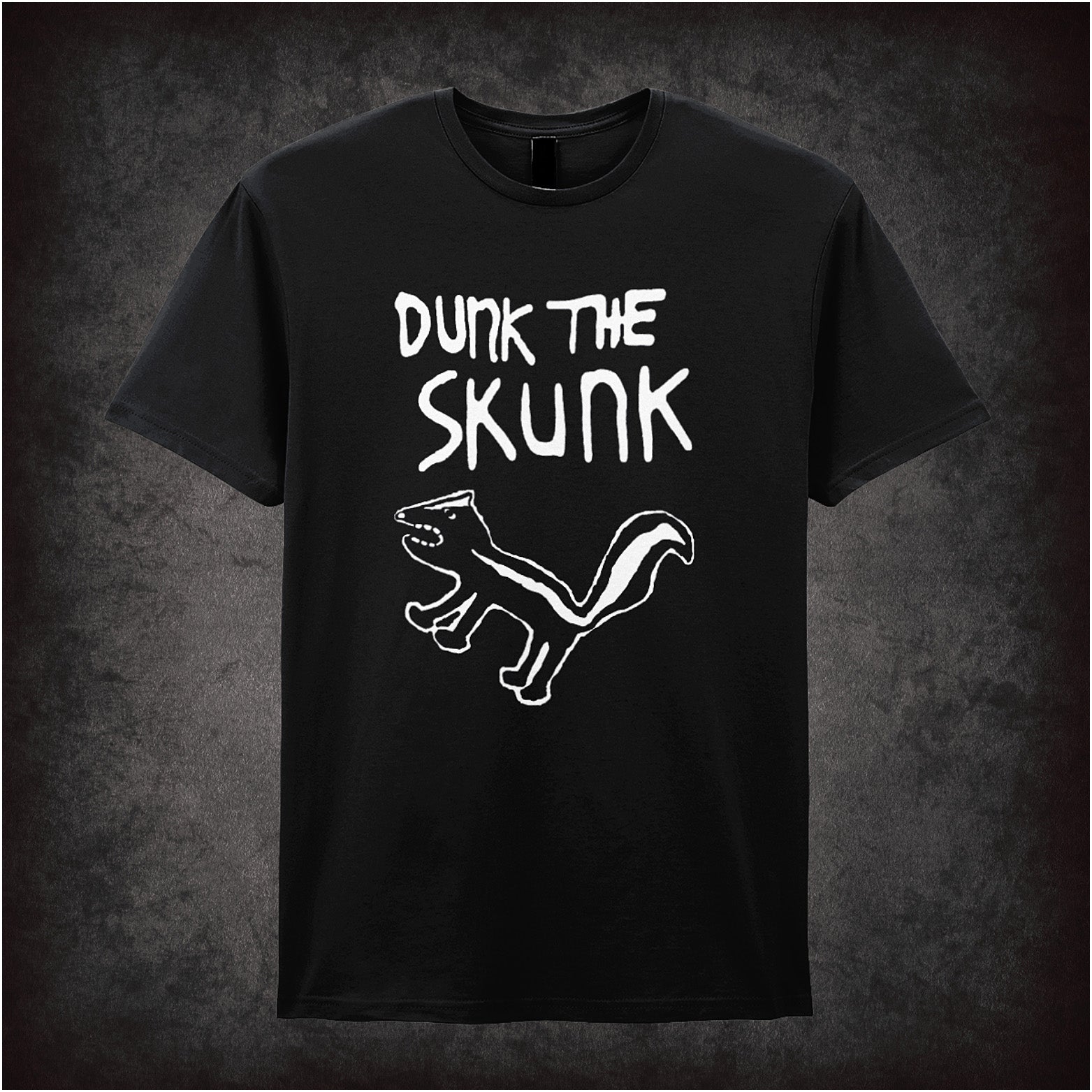 unisex T-shirt featuring “Dunk The Skunk” design inspired by The Last Man On Earth, with playful bold lettering.