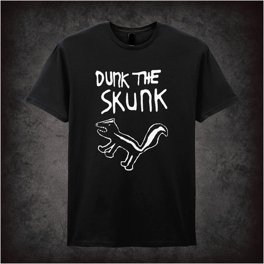 unisex T-shirt featuring “Dunk The Skunk” design inspired by The Last Man On Earth, with playful bold lettering.