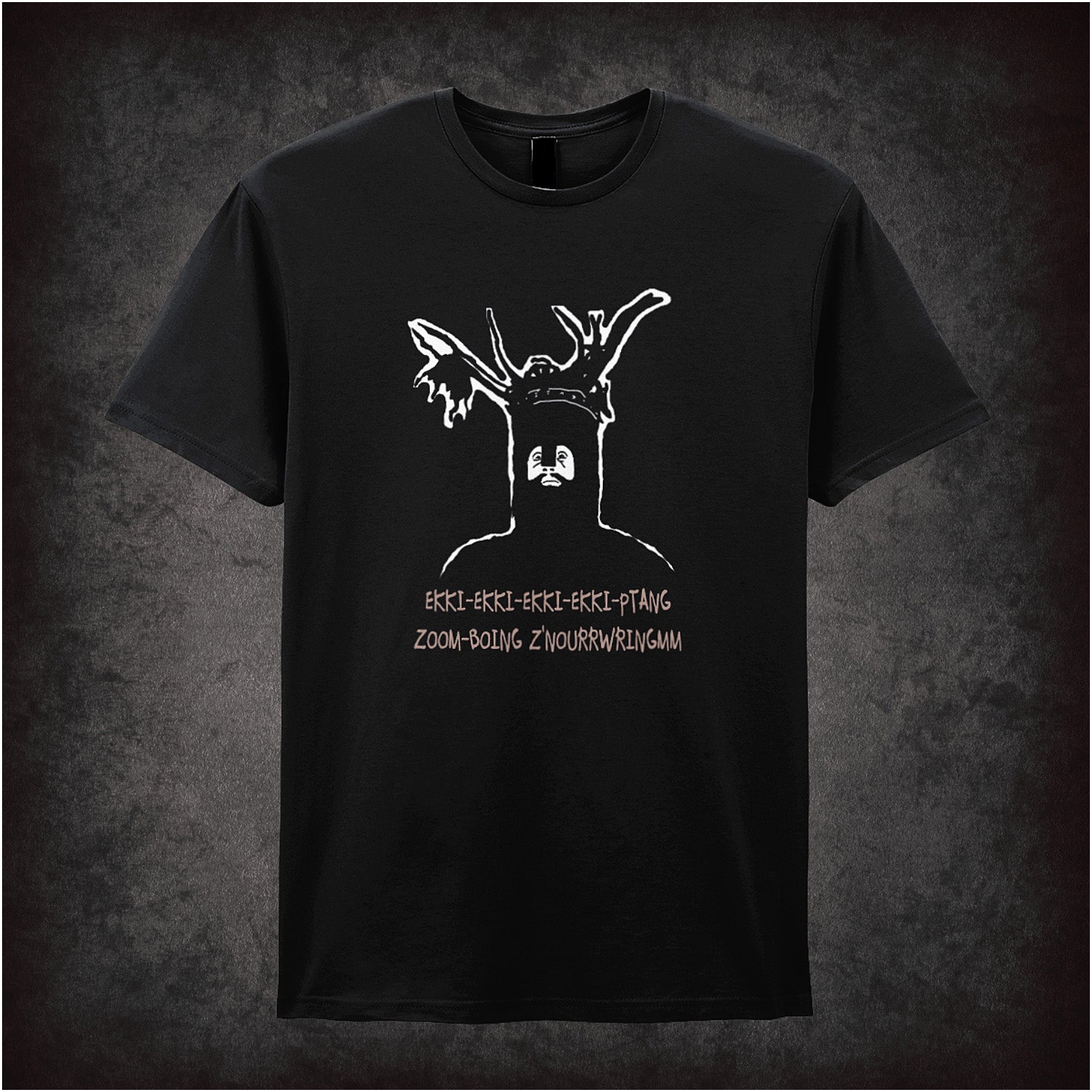 Black unisex T-shirt featuring the phrase "The Knights Who Say Ekki-Ekki-Ptang-Zoom-Boing-Znourrwringmm" from Monty Python and the Holy Grail.