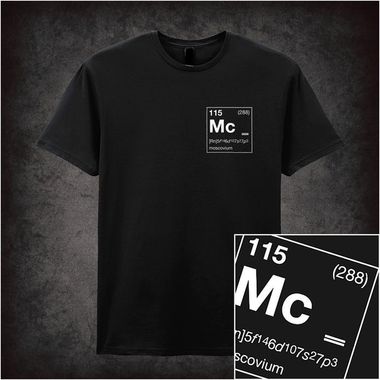 Black unisex t-shirt featuring a stylized periodic table square for Element 115, Moscovium, with its atomic number, symbol “Mc,” and name displayed prominently in white text.