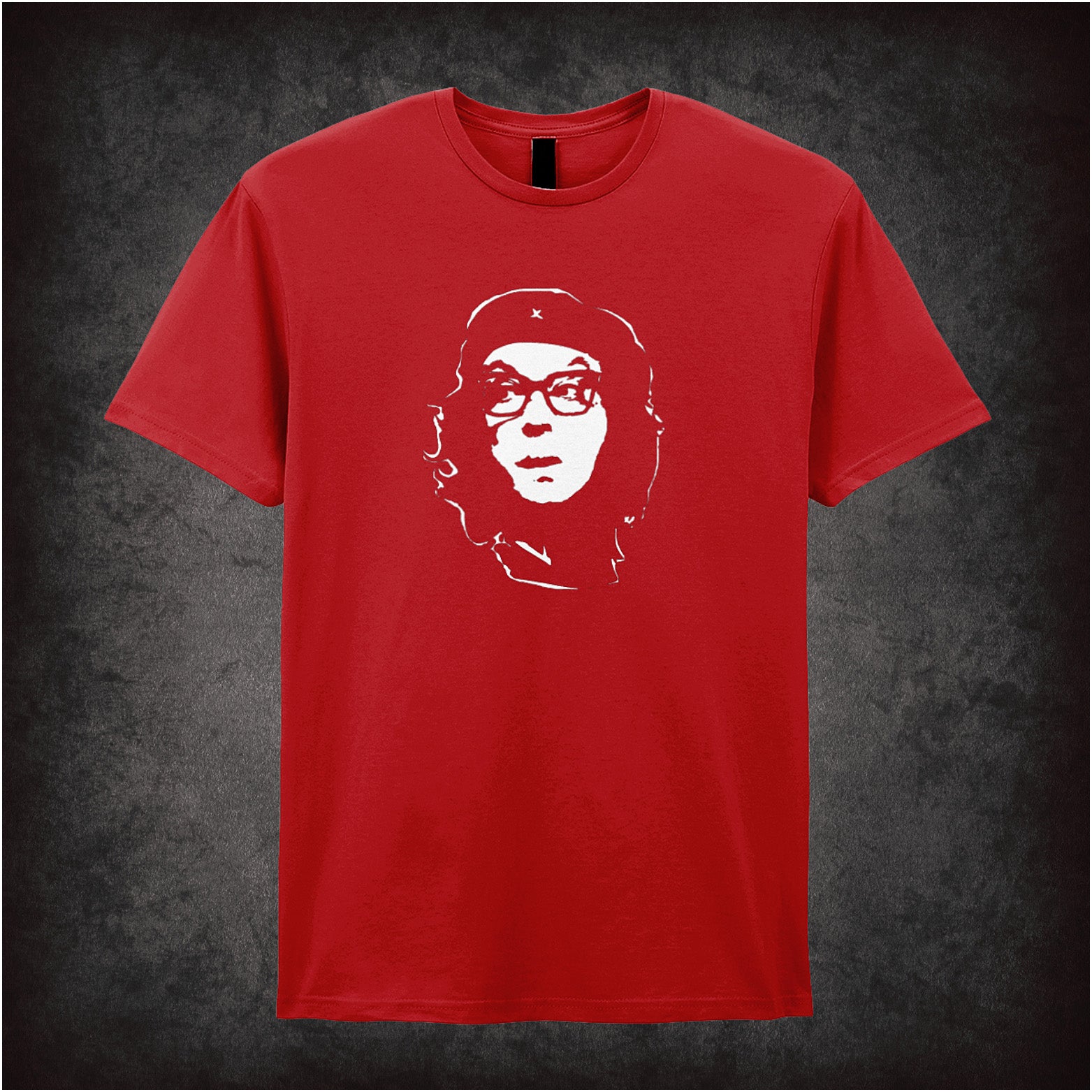 red unisex T-shirt featuring a stylised Che Guevara-style image of Eric Morecambe, blending iconic revolutionary art with classic British comedy.