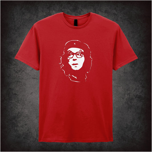 red unisex T-shirt featuring a stylised Che Guevara-style image of Eric Morecambe, blending iconic revolutionary art with classic British comedy.