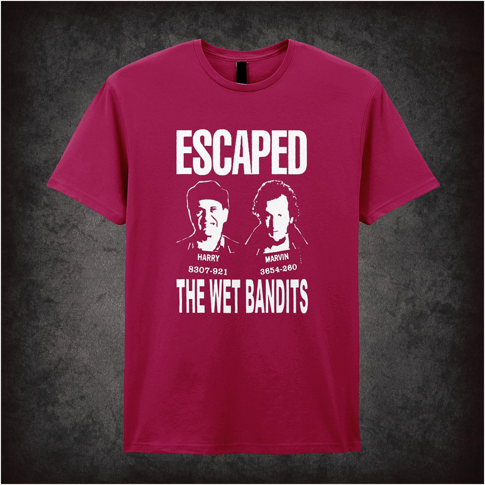 The Wet Bandits Home Alone inspired soft style unisex cardinal red T-shirt featuring iconic movie design, perfect gift for fans and holiday comedy lovers.