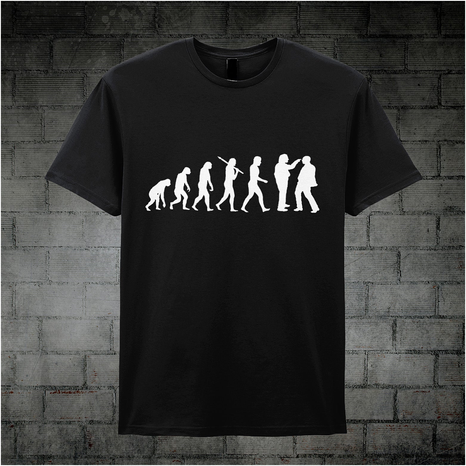black coloured unisex T-shirt featuring a humorous 'Evolution of Richard, Richard and Edward Elizabeth Hitler' graphic from the TV series Bottom.