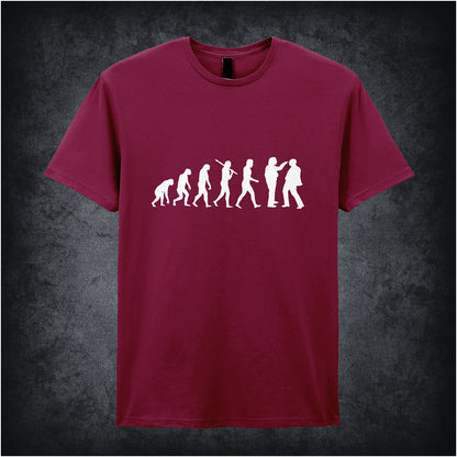 navy coloured unisex T-shirt featuring a humorous 'Evolution of Richard, Richard and Edward Elizabeth Hitler' graphic from the TV series Bottom.
