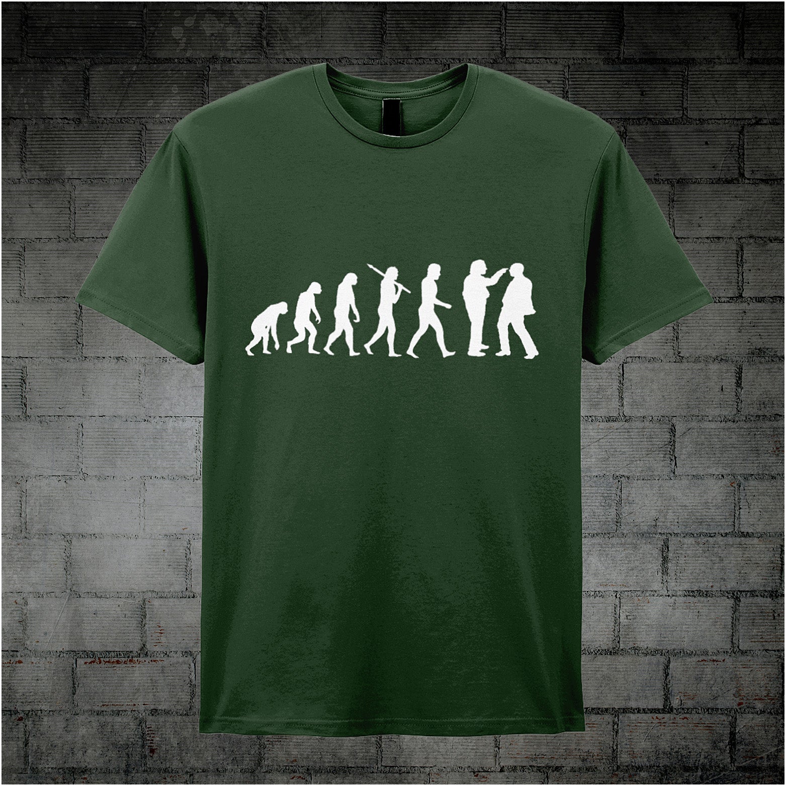 forest coloured unisex T-shirt featuring a humorous 'Evolution of Richard, Richard and Edward Elizabeth Hitler' graphic from the TV series Bottom.