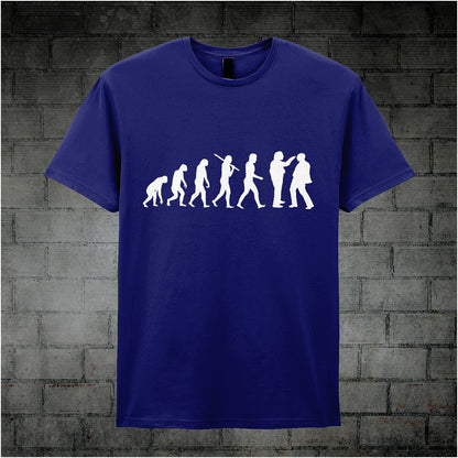 navy coloured unisex T-shirt featuring a humorous 'Evolution of Richard, Richard and Edward Elizabeth Hitler' graphic from the TV series Bottom.