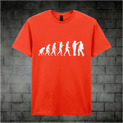 orange coloured unisex T-shirt featuring a humorous 'Evolution of Richard, Richard and Edward Elizabeth Hitler' graphic from the TV series Bottom.