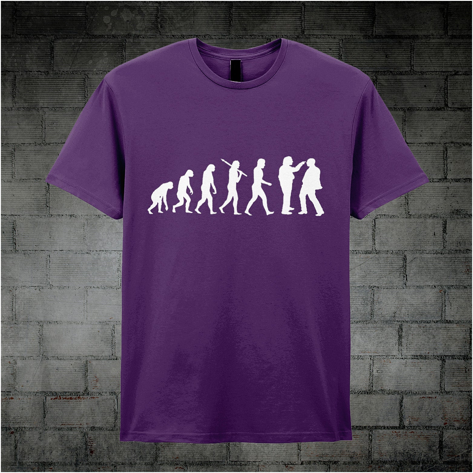 purple coloured unisex T-shirt featuring a humorous 'Evolution of Richard, Richard and Edward Elizabeth Hitler' graphic from the TV series Bottom.