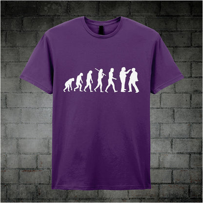 purple coloured unisex T-shirt featuring a humorous 'Evolution of Richard, Richard and Edward Elizabeth Hitler' graphic from the TV series Bottom.