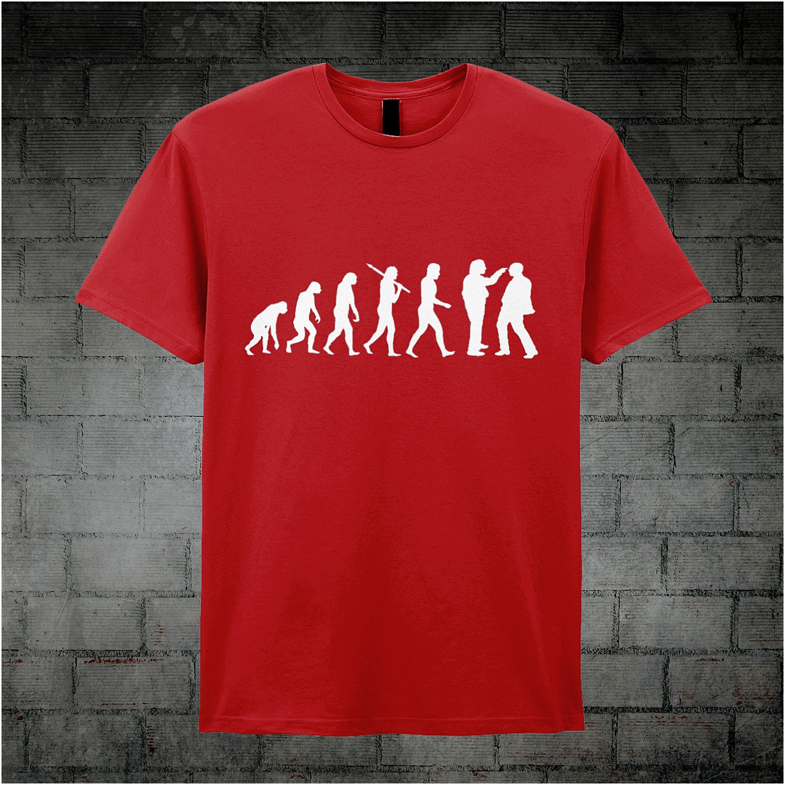 red coloured unisex T-shirt featuring a humorous 'Evolution of Richard, Richard and Edward Elizabeth Hitler' graphic from the TV series Bottom.