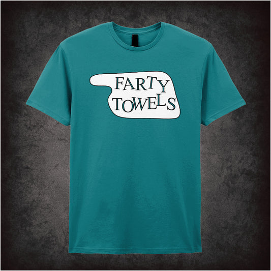antique sapphire Soft style unisex T-shirt featuring a parody hotel sign reading "Farty Towels," inspired by Fawlty Towers, with a playful bold graphic design.
