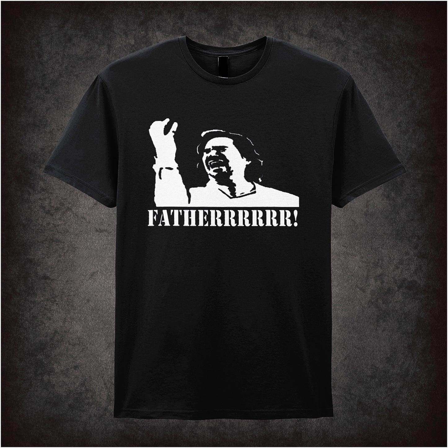 Black soft style unisex T-shirt featuring the quote "Fatherrrr" inspired by The IT Crowd, printed in bold, humorous typography.