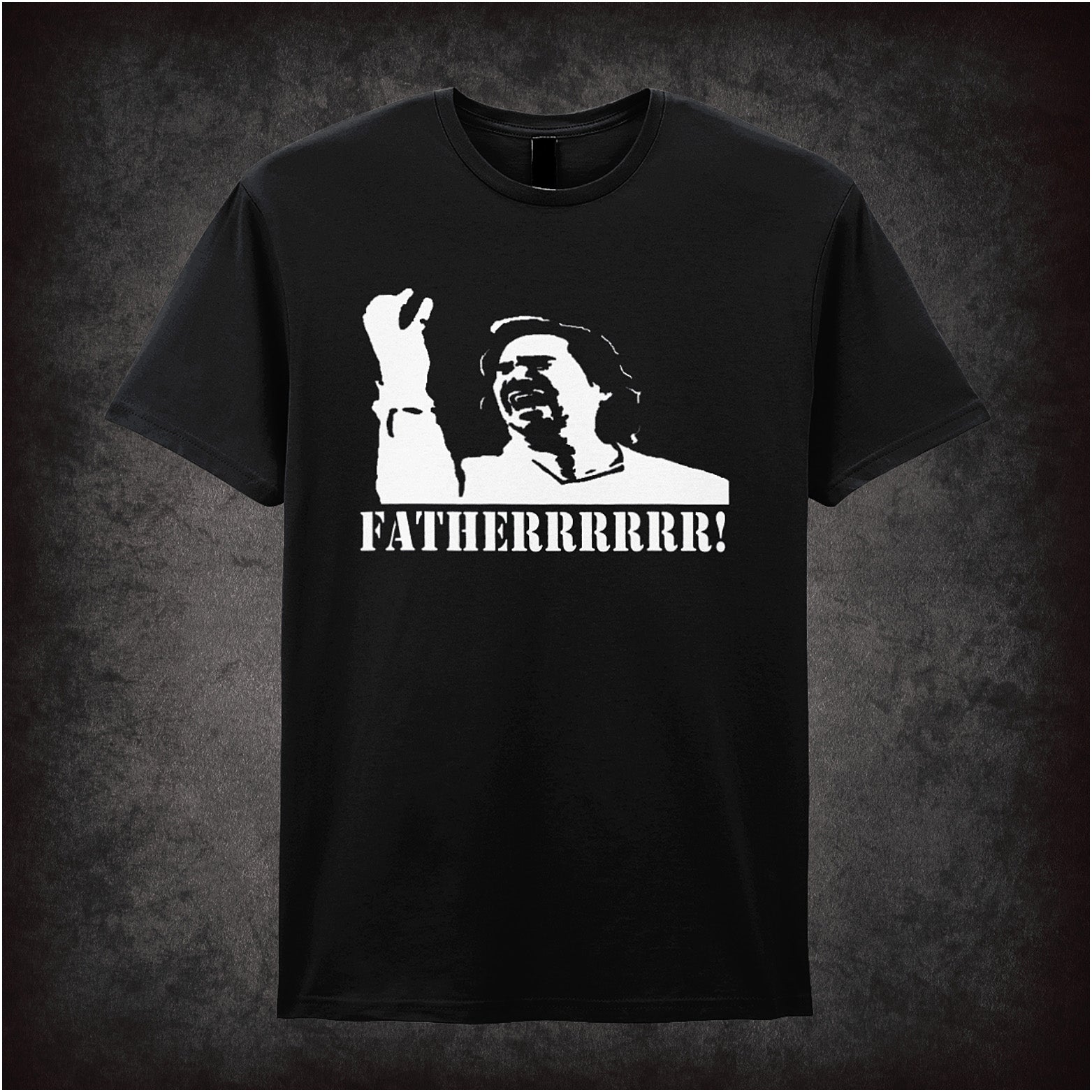 Black soft style unisex T-shirt featuring the quote "Fatherrrr" inspired by The IT Crowd, printed in bold, humorous typography.