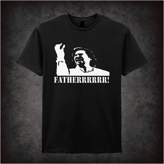 Black soft style unisex T-shirt featuring the quote "Fatherrrr" inspired by The IT Crowd, printed in bold, humorous typography.