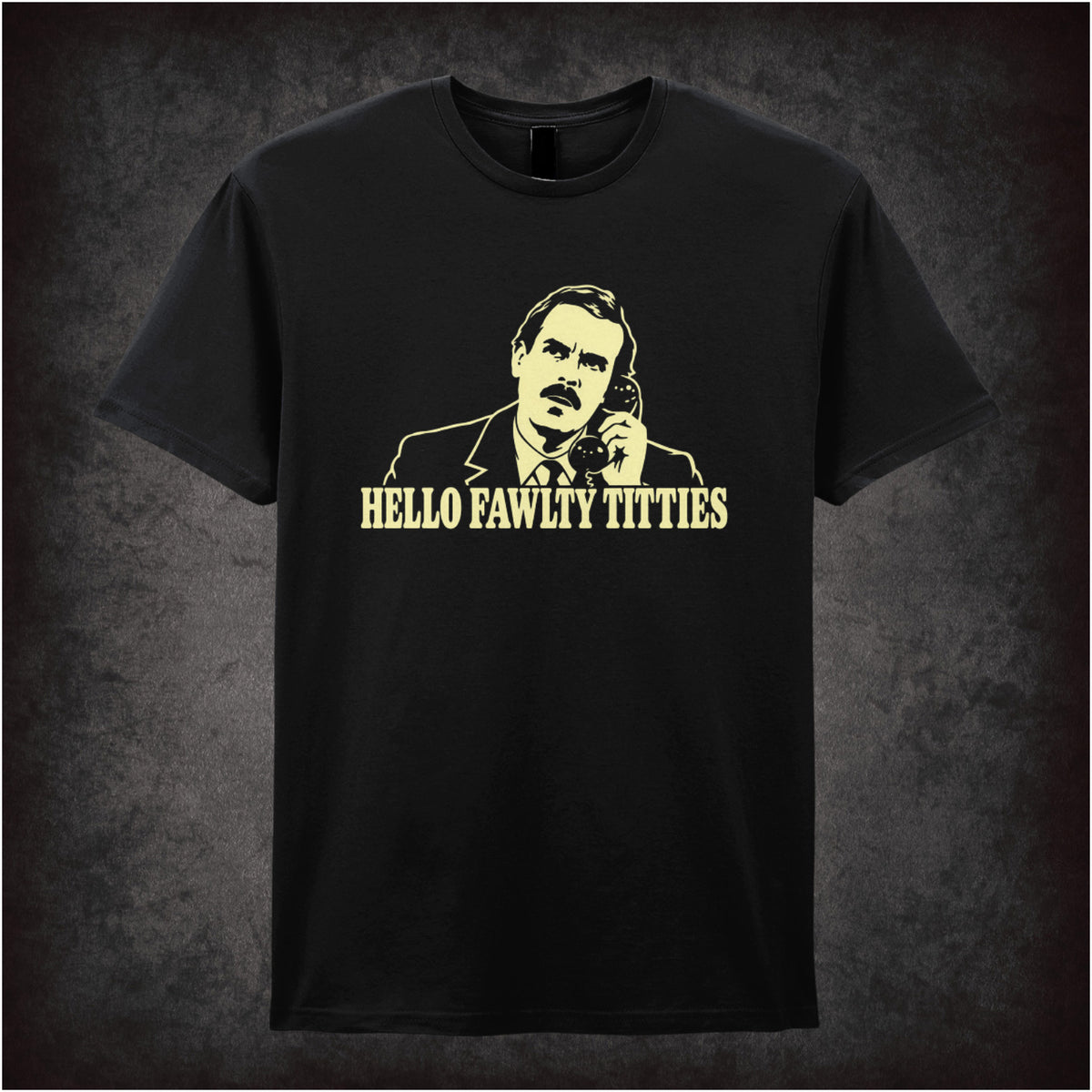 “Basil Fawlty ‘Hello Fawlty Titties’ T-shirt in black from Fawlty Towers”