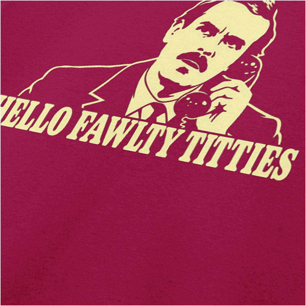“Basil Fawlty ‘Hello Fawlty Titties’ close up T-shirt in cardinal red from Fawlty Towers”