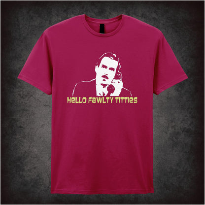 “Basil Fawlty ‘Hello Fawlty Titties’ T-shirt from Fawlty Towers”