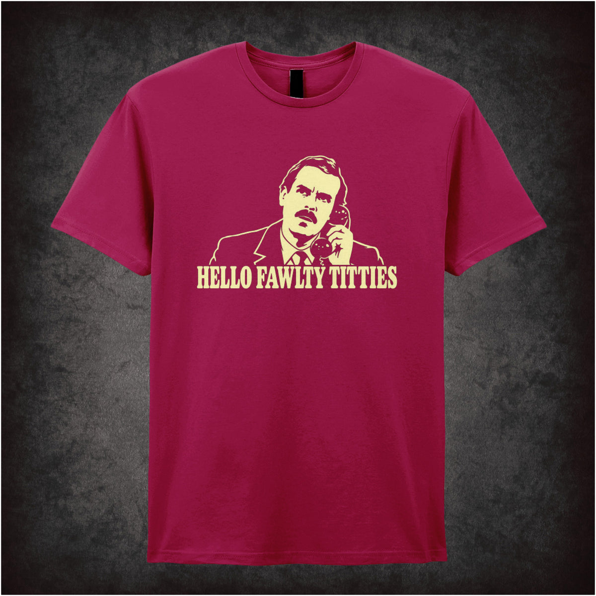 “Basil Fawlty ‘Hello Fawlty Titties’ T-shirt in cardinal red from Fawlty Towers”