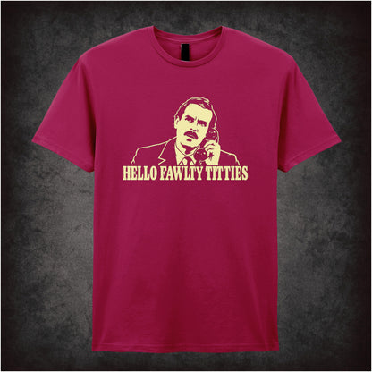 “Basil Fawlty ‘Hello Fawlty Titties’ T-shirt in cardinal red from Fawlty Towers”