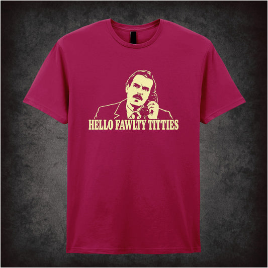 “Basil Fawlty ‘Hello Fawlty Titties’ T-shirt in cardinal red from Fawlty Towers”