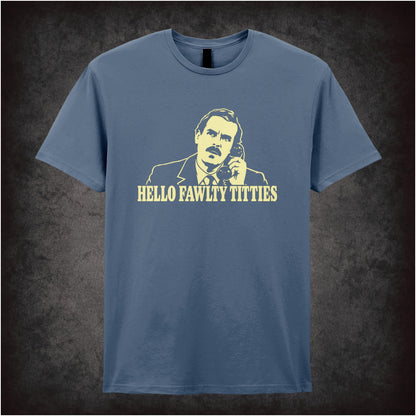 “Basil Fawlty ‘Hello Fawlty Titties’ T-shirt in indigo from Fawlty Towers”